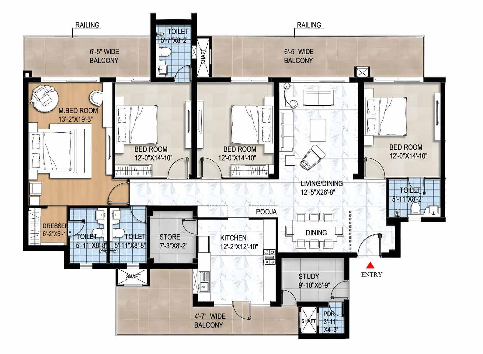 Floor plan for Unit 1 and 2, a 3 BHK plus study residence at Bootes Aliva