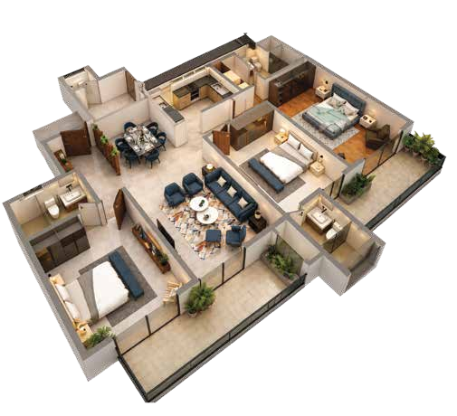 Isometric 3D render of the Unit 3 floor plan