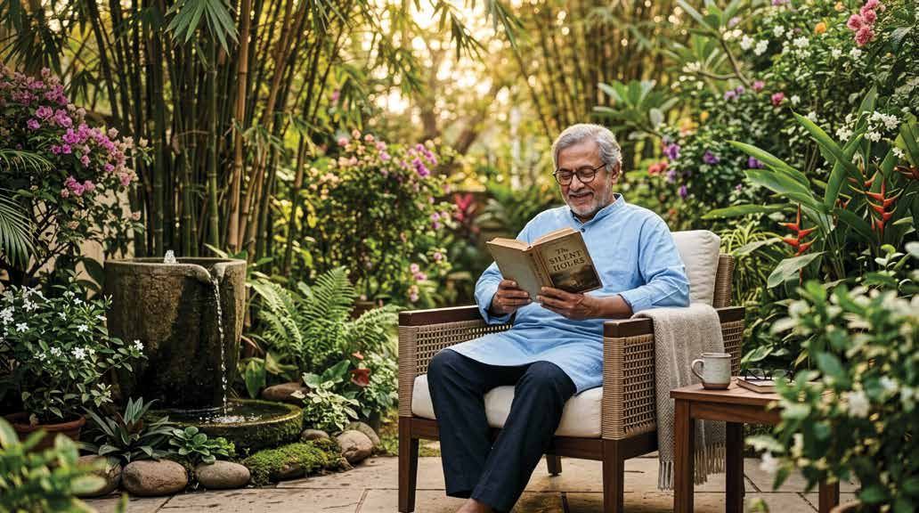 A quiet reading room with arched windows overlooking a green courtyard