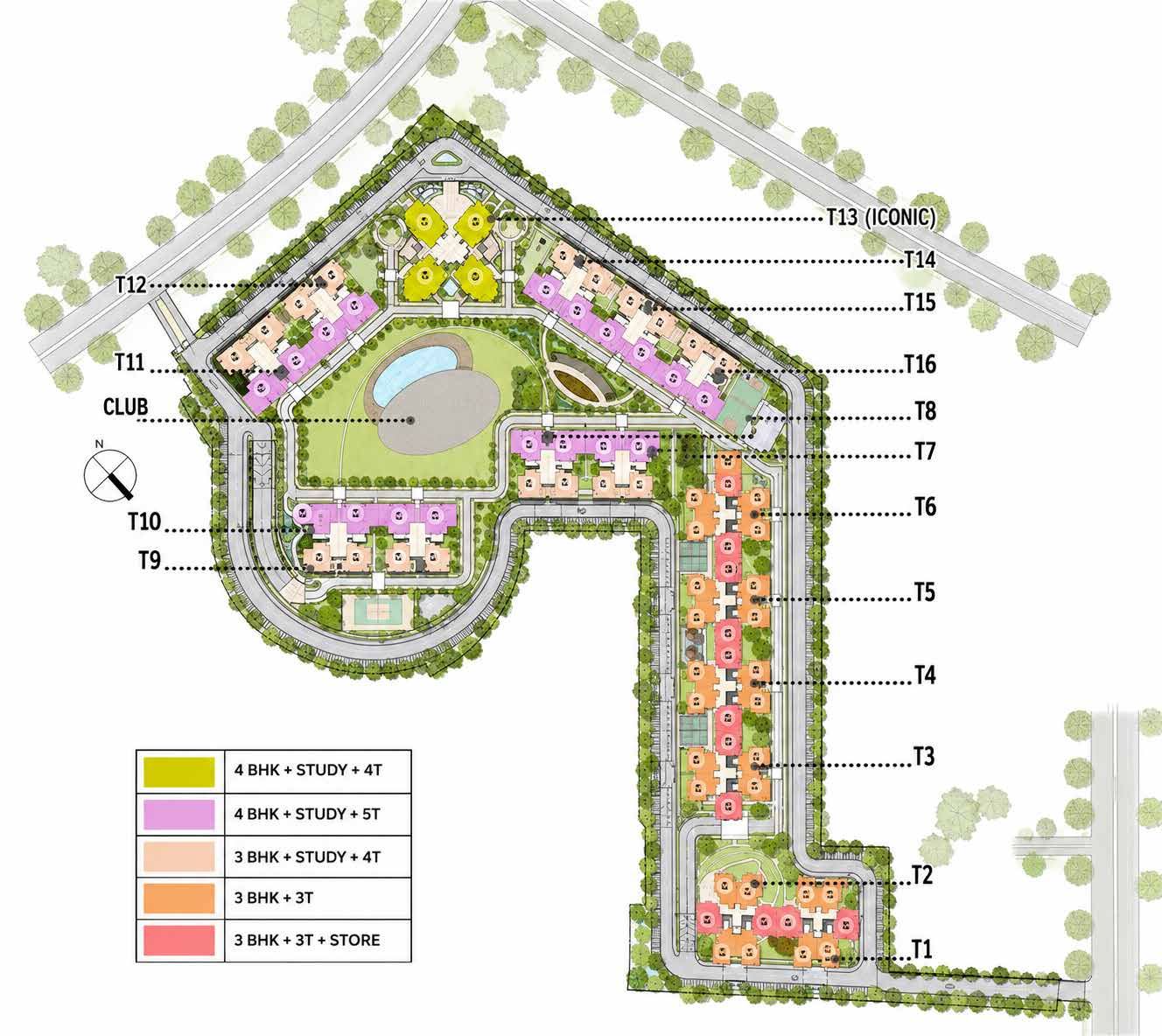 Bootes Aliva master site plan showing sixteen towers, the central club, pool lawn, sports courts and landscaped gardens