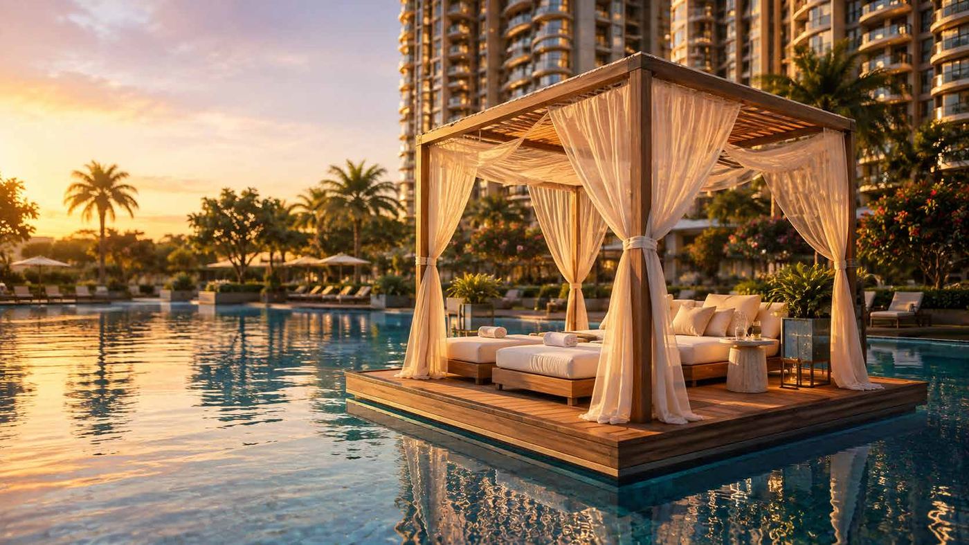A woman floating peacefully in the resort-style swimming pool