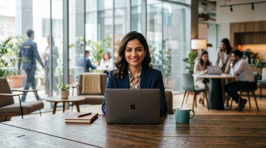 A professional working from a bright home study
