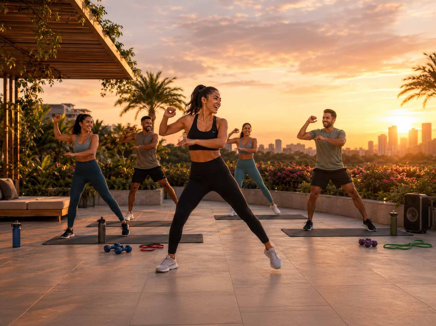 Residents enjoying an outdoor Zumba class on a rooftop deck at sunset